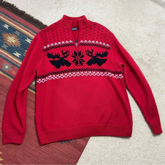 Vintage Other - Chaps Red and Black Zip Up Moose Fair Isle Sweater Size Large